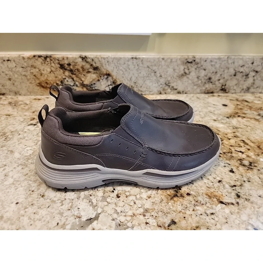 Skechers Expended Seveno Relaxed Fit Brown Leather Slip On Shoes 66146 Mens 9.5